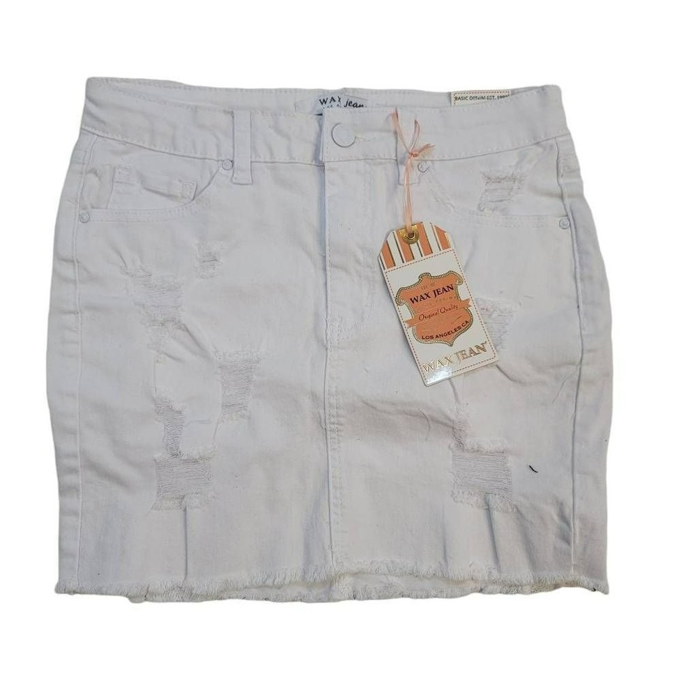 Wax Jean Womens Pencil Denim Skirt White Mini 5-Pocket Frayed Hem Retro S New